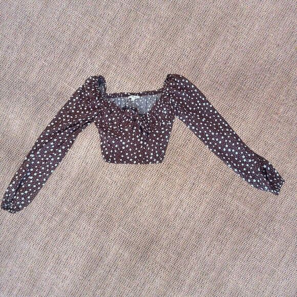 NWT L.A. Hearts-PacSun Cold Shoulder Floral Crop Top Brown/White Size Small - Picture 9 of 11